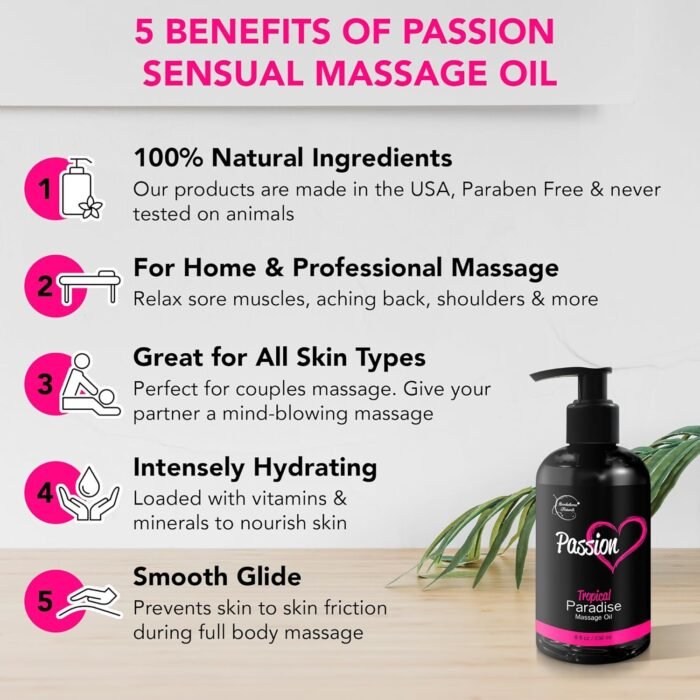 Passion Sensual Massage Oil for Date Night | 100% Natural Body Oil for Couples with Jojoba & Almond | Aromatherapy & Relaxing Massage Therapy | Perfect Glide & Smooth Skin | Tropical Paradise Scent - Image 2
