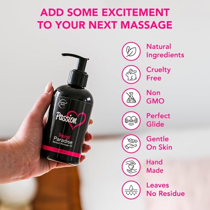 Passion Sensual Massage Oil for Date Night | 100% Natural Body Oil for Couples with Jojoba & Almond | Aromatherapy & Relaxing Massage Therapy | Perfect Glide & Smooth Skin | Tropical Paradise Scent - Image 6