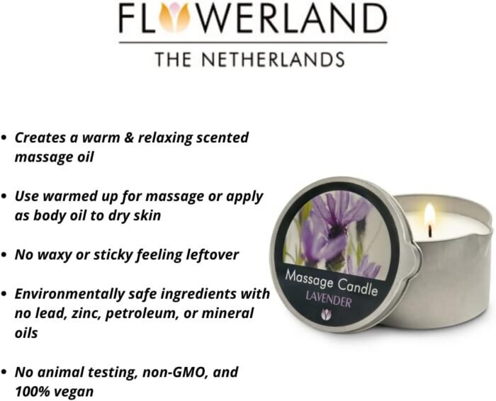 FLOWERLAND Lavender Massage Oil Candle - Vegan Moisturizing Massage Oil for Home Spa - Luxurious & Hydrating Skin Care Body Massage Oils - (200ml) - Image 4