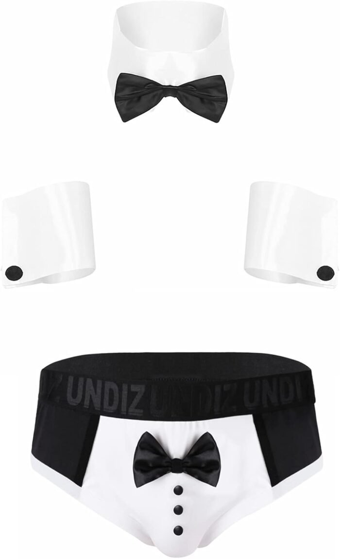 ACSUSS 3Pcs Set Mens Waiter Cosplay Suit Sexy Tuxedo G-String Thong Underwear with Bow Tie Collar Bracelets