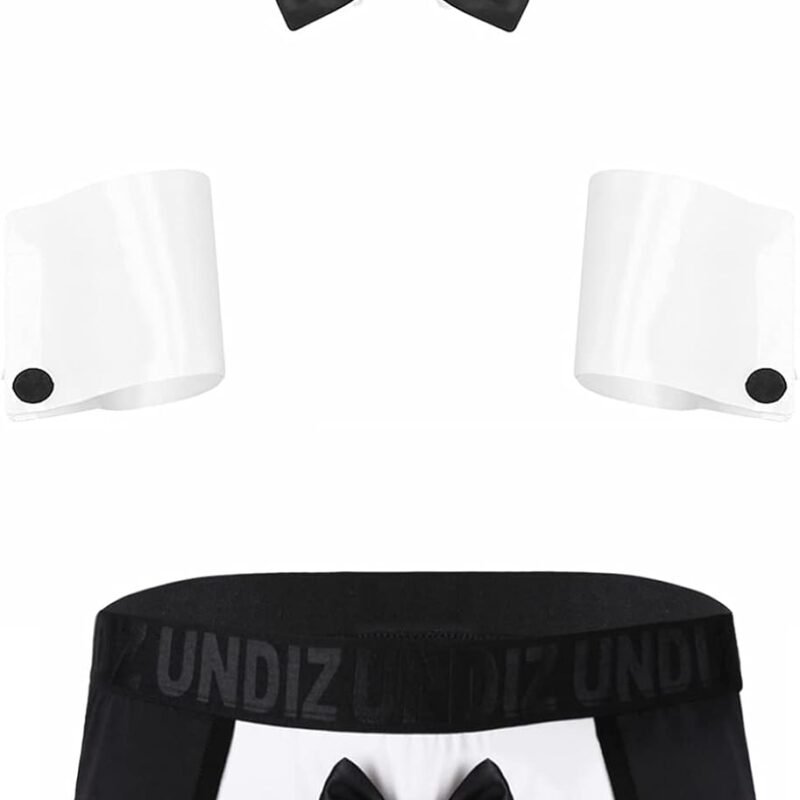 ACSUSS 3Pcs Set Mens Waiter Cosplay Suit Sexy Tuxedo G-String Thong Underwear with Bow Tie Collar Bracelets