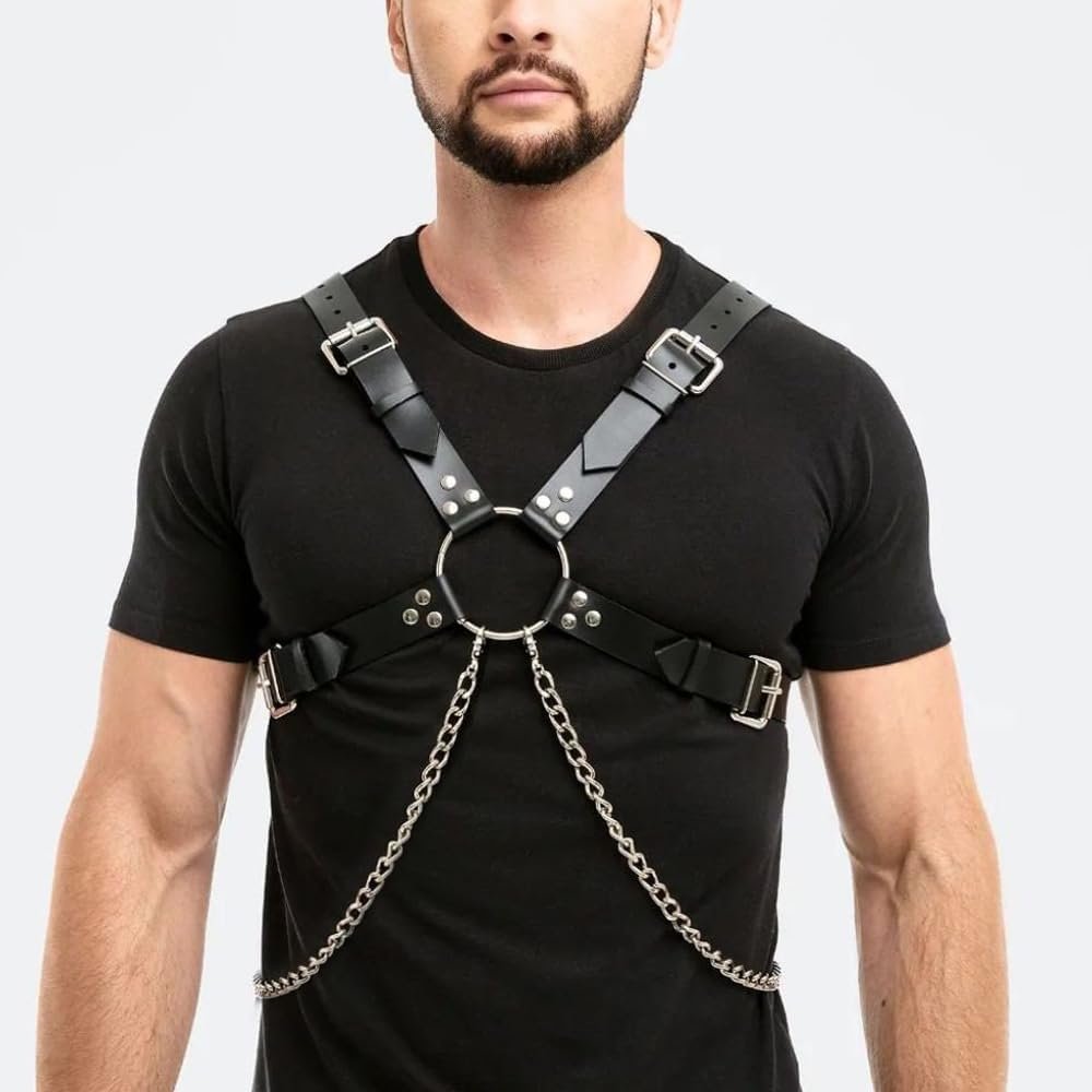 Men's Body Chest Harness Belt with Collar, Metal Chain Faux Leather Body Chest Harness Bondage Strap Belt for Men Gay, Halloween Cosplay Costume Masquerade Party Club Bar Nightclub Fetish Clubwear - Image 5