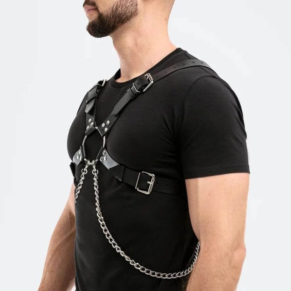 Men's Body Chest Harness Belt with Collar, Metal Chain Faux Leather Body Chest Harness Bondage Strap Belt for Men Gay, Halloween Cosplay Costume Masquerade Party Club Bar Nightclub Fetish Clubwear - Image 6