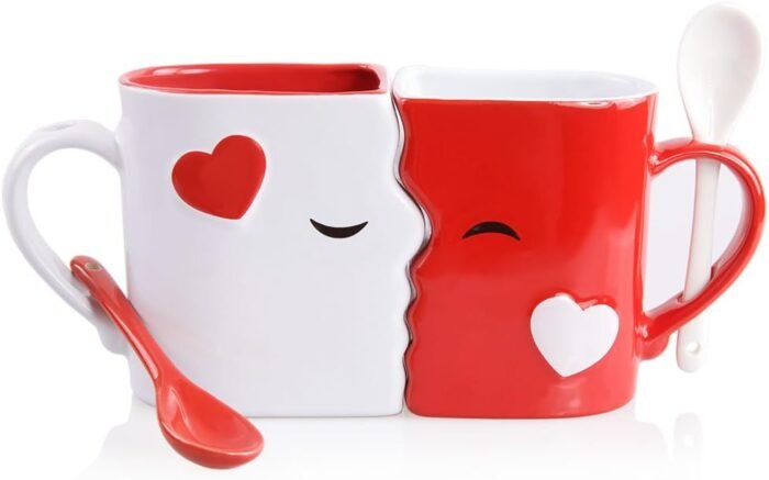 Kissing Mugs Set, Anniversary & Wedding Gifts, Exquisitely Crafted Two Large Cups & Spoons for Couples, For Him and Her on Valentines, Birthday, Engagement by Blu Devil