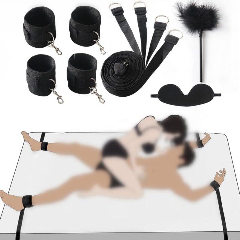 Sex Bondage BDSM Kit Bed Restraints Set Sex Toys with Hand Cuffs Ankle Cuff Bondage Blindfold & Tickler Sex Restraints Straps Adult Sex Toys for Couple Sex Play SM Games