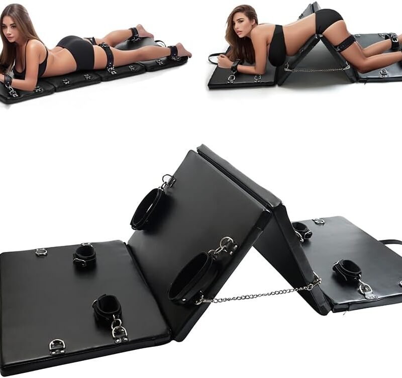 Sex Bondage Restraint BDSM Sex Furniture PU Leather Fetish Restraints System Portable Collapsible Sex Bed Sex Toys for Men Couples Adult Bondage Gear with Handcuffs Ankle Cuffs