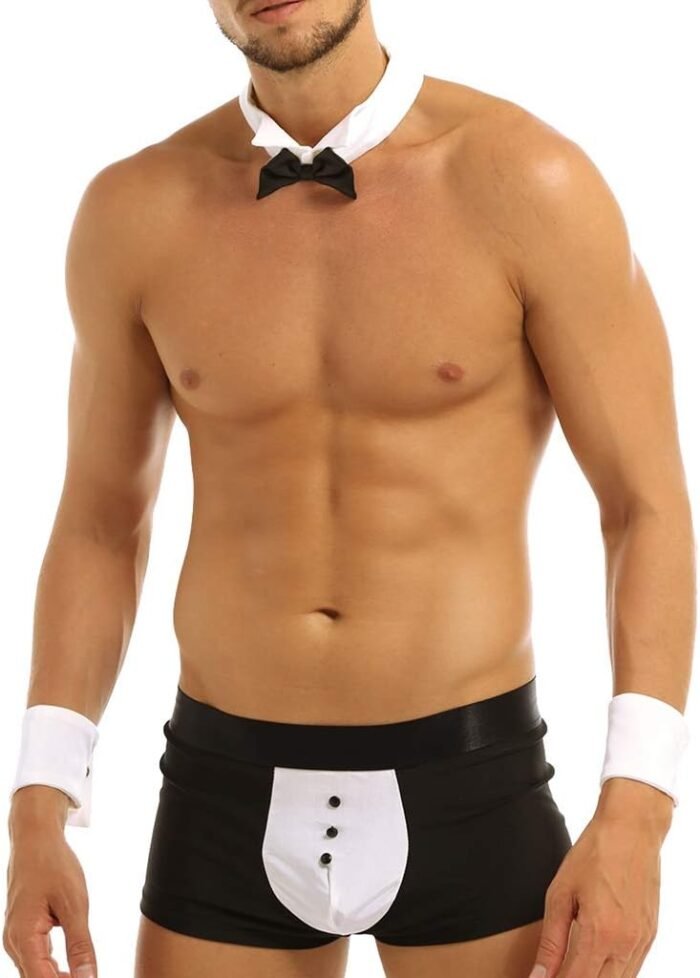 YiZYiF Men's 4 Pieces Sexy Bow Tie Collar Boxer Briefs Tuxedo Costume Outfits Set - Image 2