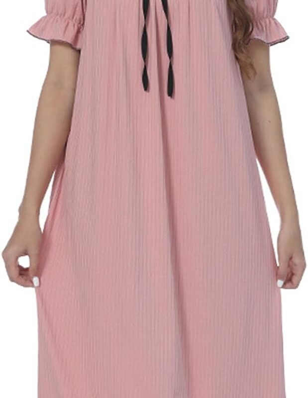 Ribbed Long Nightgown Women Puff Short Sleeve Square Neck Sleepdress Cute Bowtie Front Babydoll Sleepwear Nightdress