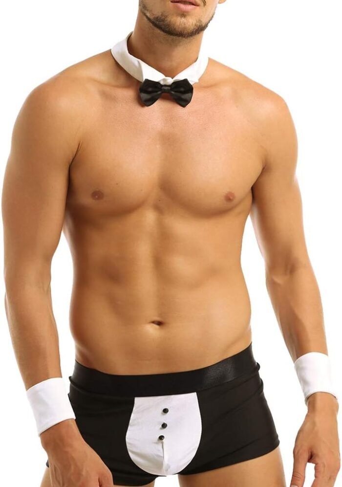 YiZYiF Men's 4 Pieces Sexy Bow Tie Collar Boxer Briefs Tuxedo Costume Outfits Set - Image 3