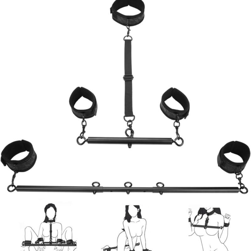 Spreader Bar Sex Toys with Wrist Ankle Neck Collar Restraint Kits Adjustable Handcuffs Collar Bondage Set BDSM for Adult Couple (Black)