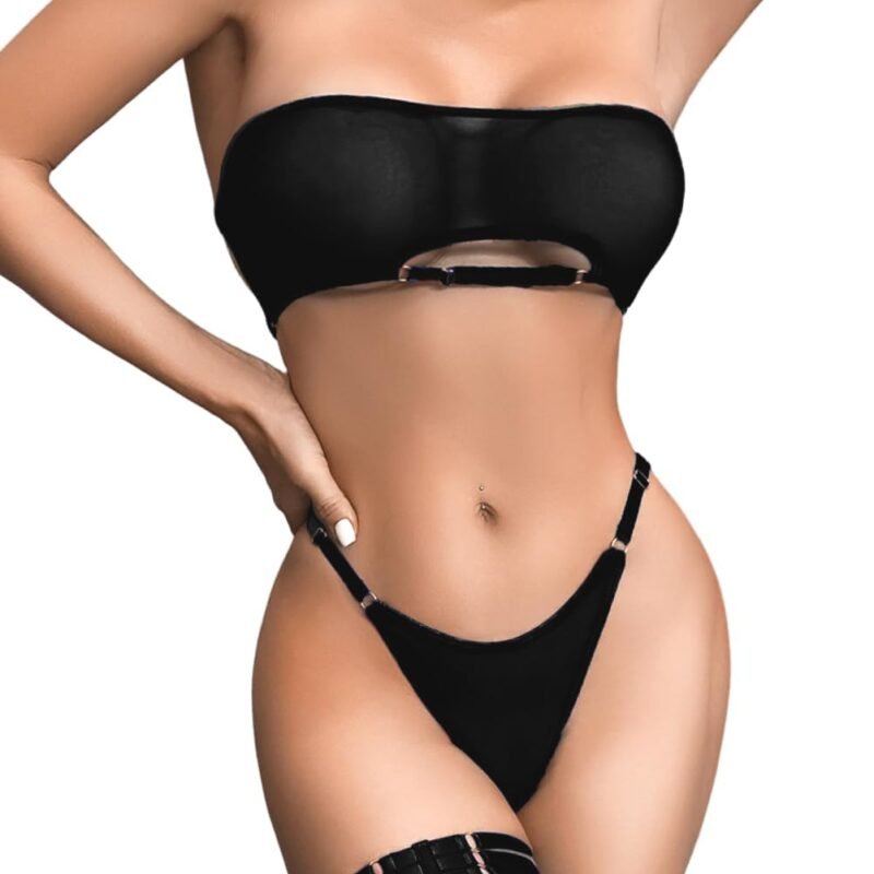 Kaei&Shi Sheer Mesh Lingerie Set, Sexy Bra And Panty 4PC, Strapless Choker