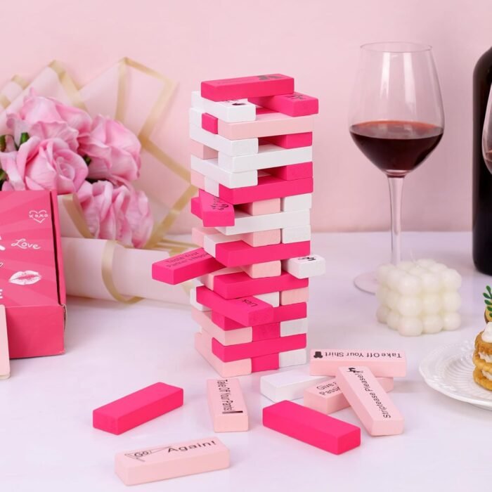 Lust Tower Couples Game for Adults, 54pcs Pink Wooden Blocks with 6 DIY Naughty Challenges, Romantic Stacking Tower for Date Night Ideas, Valentine, Wedding, Fun Couple Gift for Him, Her, Lovers - Image 7