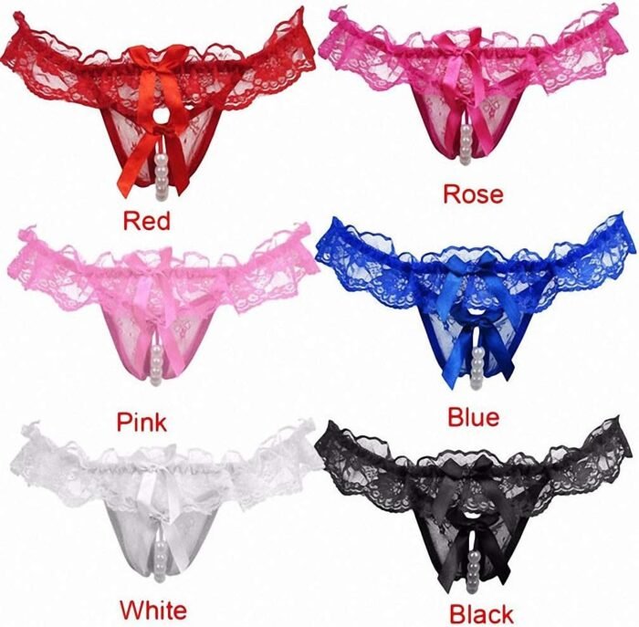 Women Pearl Lace Bowknot Beads Lace Panties Erotic Thong Lingerie Underwear - Image 7