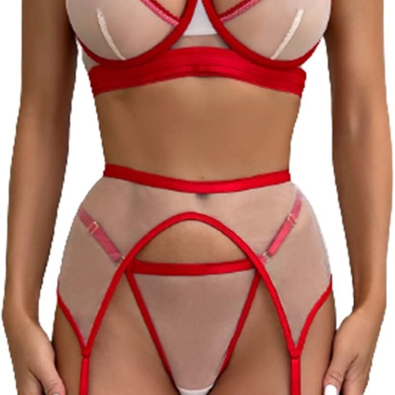 Three Piece Lingerie Sets for Women Lace Strappy Bra Panty Garter Belt Sleepwear Outfits Exotic Underwear Set