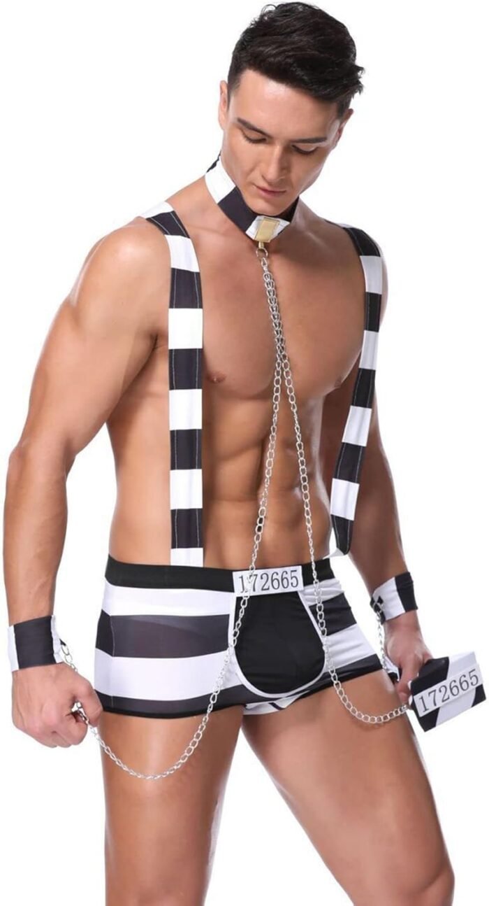 Mens Sexy Lingerie Set Role Play Prison-Inmates Striped Funny Uniform Nightclub Cosplay Costume Outfit - Image 6