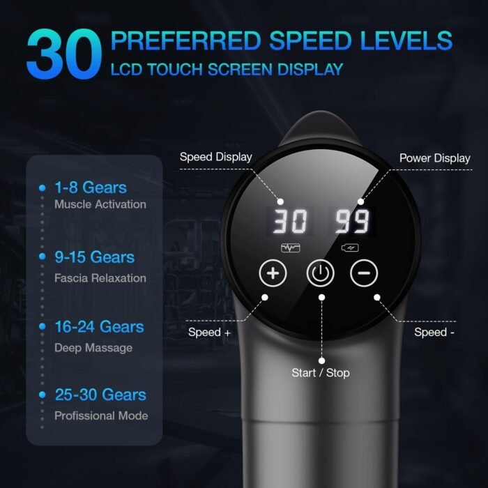 Massage Gun Deep Tissue, Handheld Electric Muscle Massager, High Intensity Percussion Massage Device for Pain Relief with 9 Attachments & 30 Speed(Grey) - Image 2