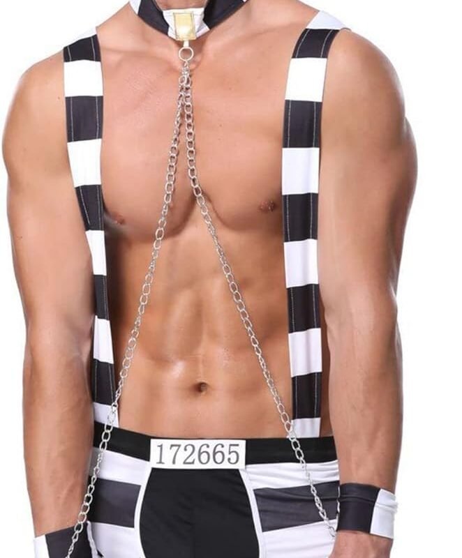 Mens Sexy Lingerie Set Role Play Prison-Inmates Striped Funny Uniform Nightclub Cosplay Costume Outfit