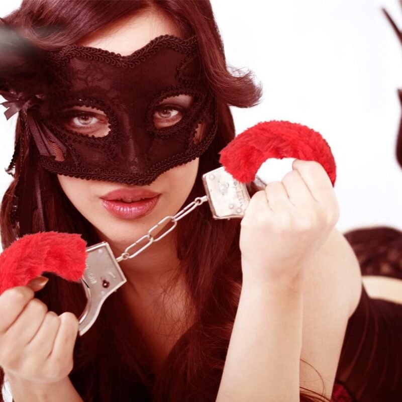 Furry Sex Handcuffs with Keys,Adjustable Ankle Cuff Bracelets,Stainless Sex Bondage Restraints,SM Plush Bondage Fetish Handcuffs,Adult Couples Sex Toys,Cosplay Party Stage Police Costume Prop (Red)