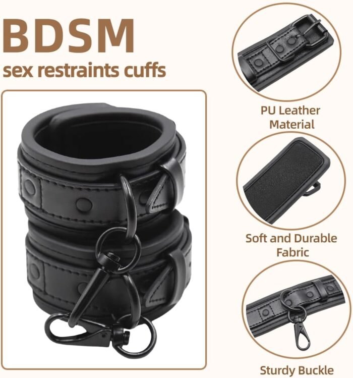 Bondage Handcuffs BDSM Sex Restraints Toys PU Leather Cuffs Sex Toys Adjustable Adult Fetish Erotic Slave SM Game for Couples Women Men (Black) - Image 2