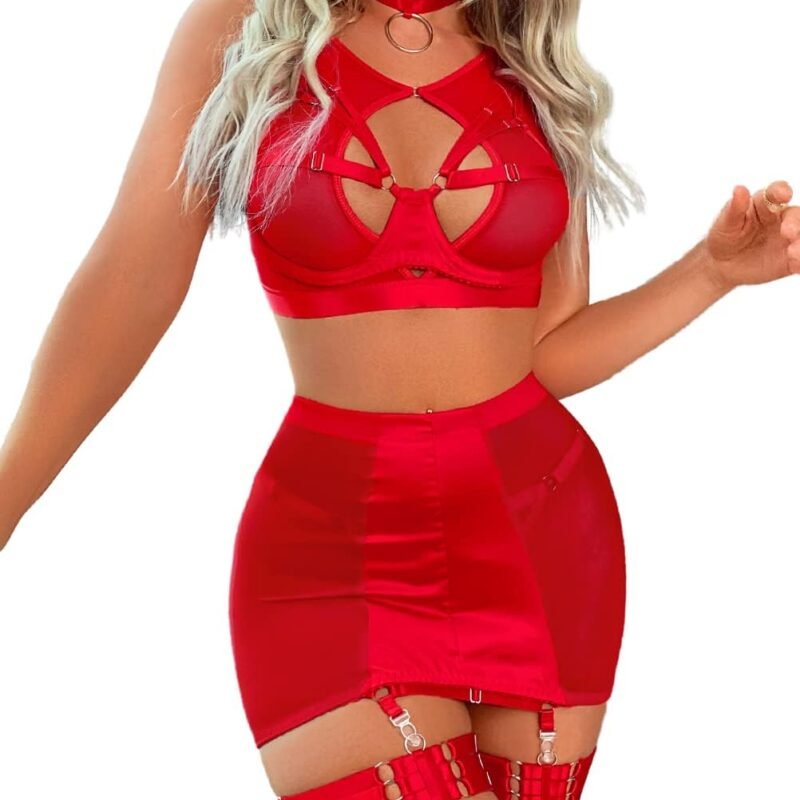 Kaei&Shi Garter Lingerie for Women, Strappy High Waisted Skirt G String 4 Piece Sexy Exotic Lingerie Outfits Set Boudoir