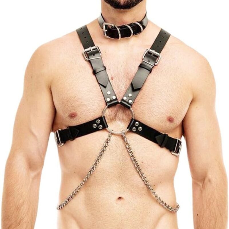 Men's Body Chest Harness Belt with Collar, Metal Chain Faux Leather Body Chest Harness Bondage Strap Belt for Men Gay, Halloween Cosplay Costume Masquerade Party Club Bar Nightclub Fetish Clubwear