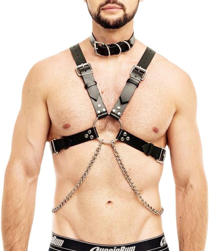 Men's Body Chest Harness Belt with Collar, Metal Chain Faux Leather Body Chest Harness Bondage Strap Belt for Men Gay, Halloween Cosplay Costume Masquerade Party Club Bar Nightclub Fetish Clubwear