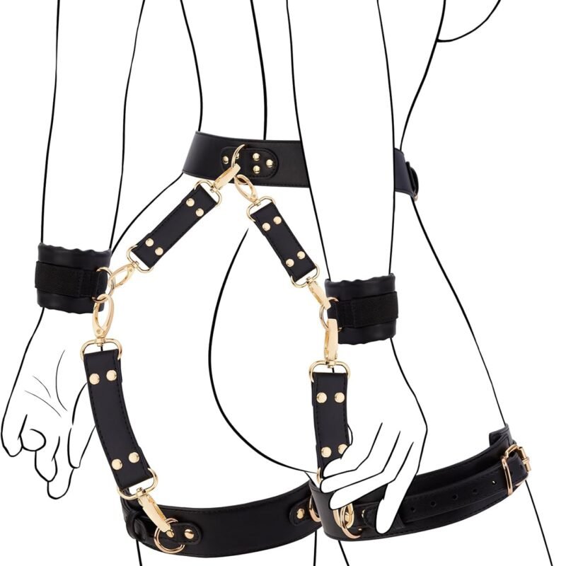 UTIMI Sex Bondage BDSM Kit Restraints Adult SM 6PCS Sets with Adjustable Handcuffs Ankle Cuff Thigh Cuffs Waist Strap Blindfold Cross Strap Sex Toys for Men Women and Couples, Black