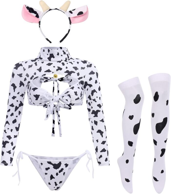 IBTOM CASTLE Sexy Cow Dalmatian Furry Milk Leopard Costume Kawaii Outfit Anime Bikini Bra Lingerie Set for Women