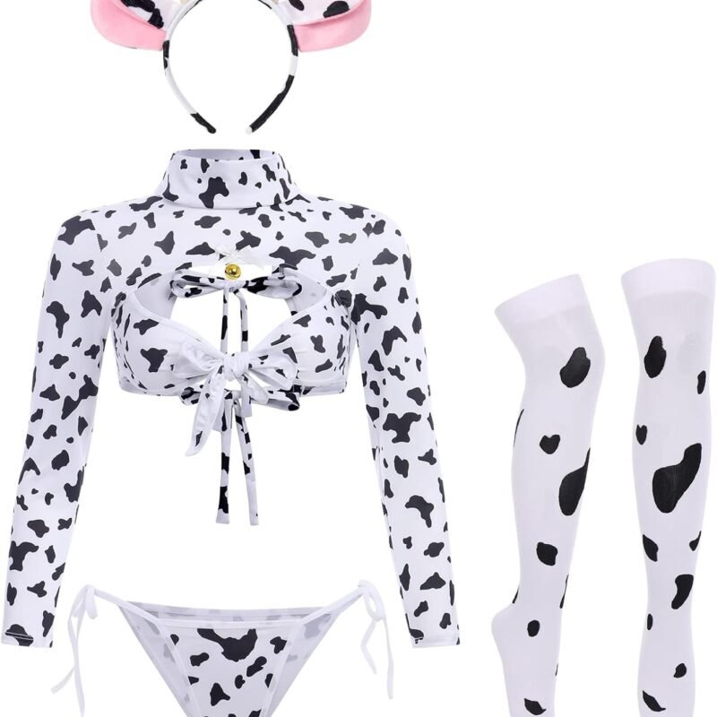 IBTOM CASTLE Sexy Cow Dalmatian Furry Milk Leopard Costume Kawaii Outfit Anime Bikini Bra Lingerie Set for Women