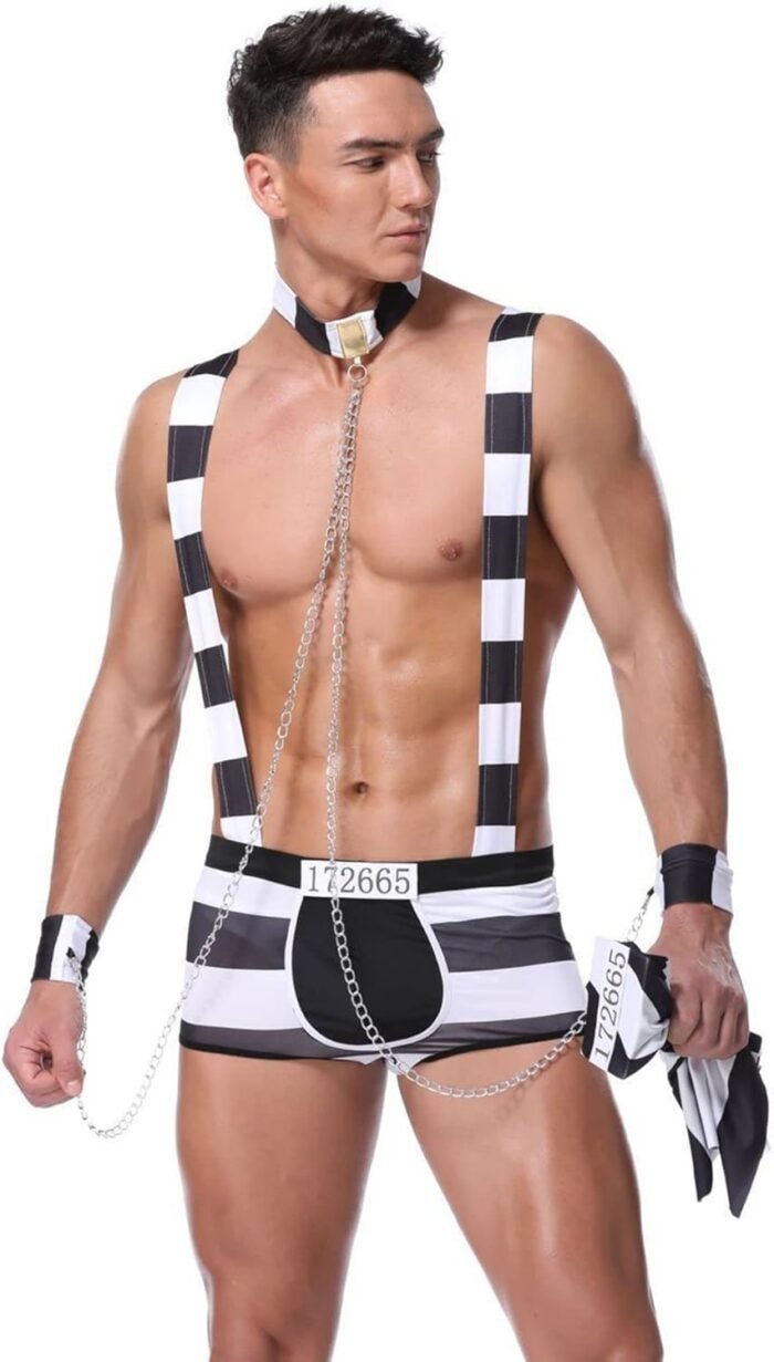 Mens Sexy Lingerie Set Role Play Prison-Inmates Striped Funny Uniform Nightclub Cosplay Costume Outfit - Image 4