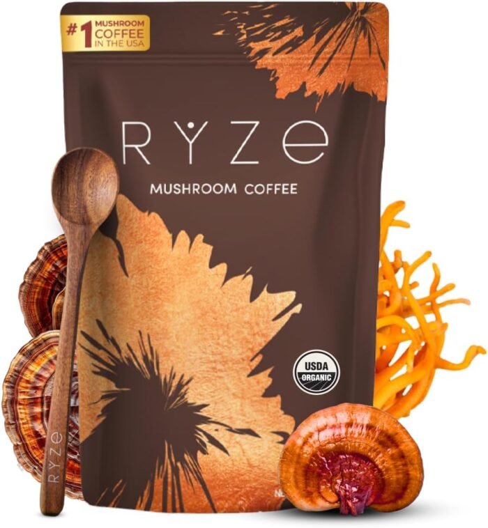 RYZE Mushroom Coffee | 6 Adaptogenic Mushrooms | USDA Organic | Instant Coffee | MCT Oil | USA Grown | Better Energy, Focus, Digestion, Immunity | Cordyceps, Lion’s Mane, Turkey Tail | 30 Servings