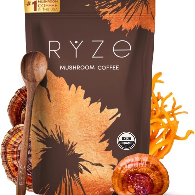 RYZE Mushroom Coffee | 6 Adaptogenic Mushrooms | USDA Organic | Instant Coffee | MCT Oil | USA Grown | Better Energy, Focus, Digestion, Immunity | Cordyceps, Lion’s Mane, Turkey Tail | 30 Servings