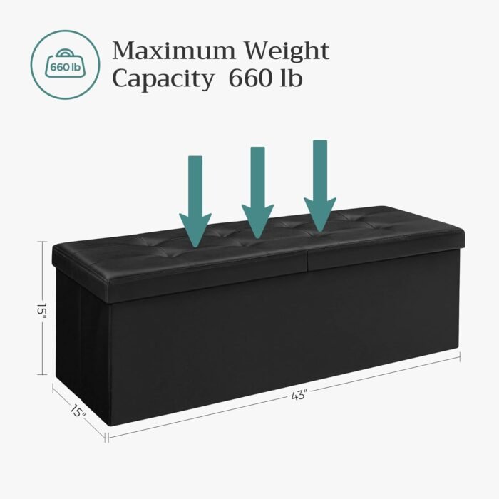 SONGMICS 43 Inches Folding Storage Ottoman Bench with Flipping Lid, Storage Chest Footrest Padded Seat with Iron Frame Support, Black ULSF75BK - Image 3
