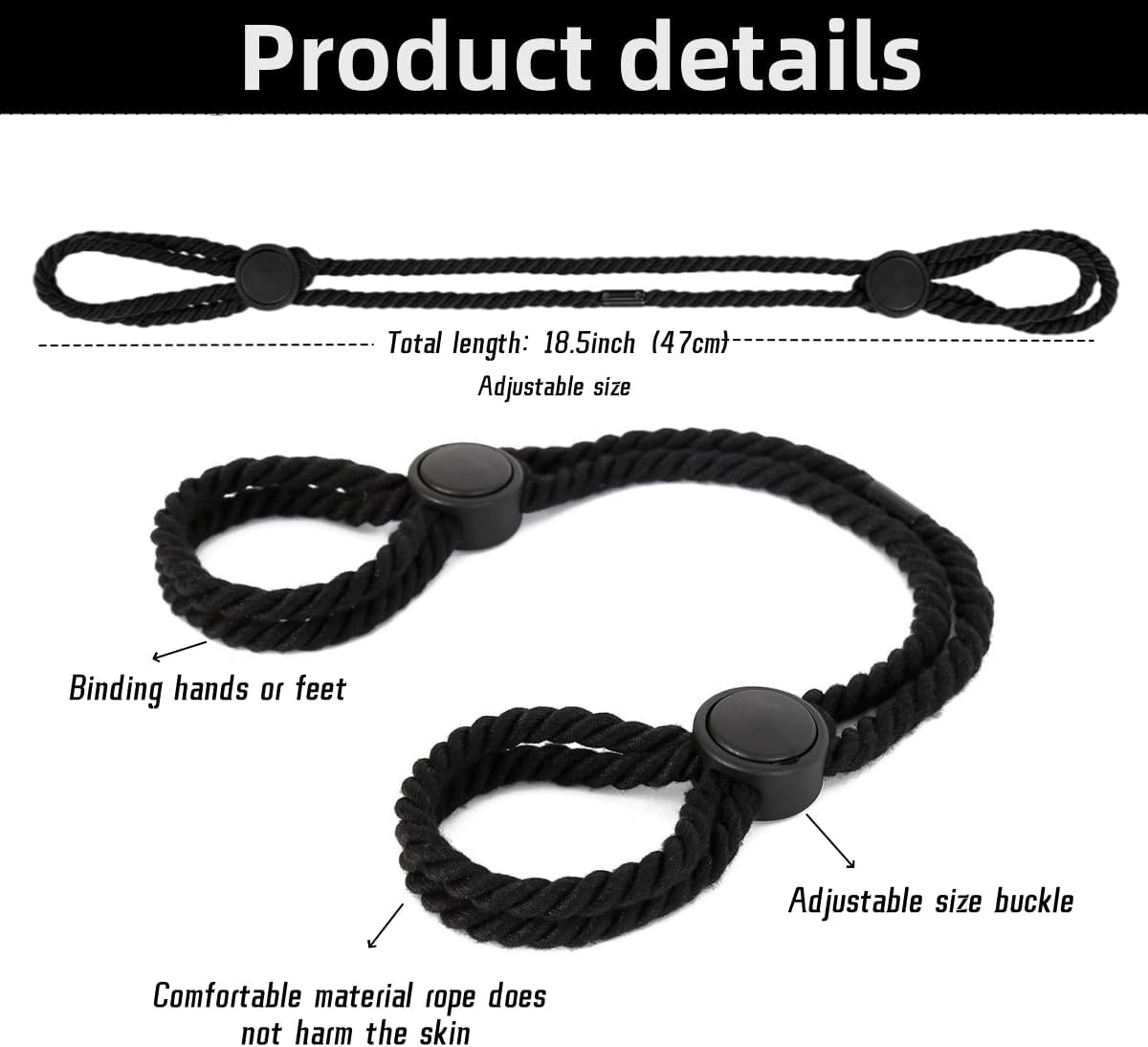Rope Handcuffs Bracelets 2 Pcs Sex Restraints Ankle Cuffs BDSM Bondage Adjustable Handcuffs Anklets Sex Toys Cotton Ropes Wrist Cuffs Beginner Fetish Adult SM Game for Women (Black) - Image 5