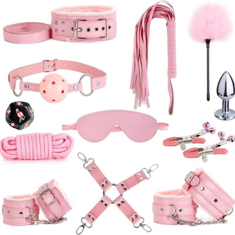 Sex Bondage Restraint Kits BDSM Toys 12 Pcs Handcuffs Ankle Cuffs Anal Plug Nipple Clamps Ball Gag Blindfold Rope Leather Restraints Set Adjustable for Adult Beginners (Pink)