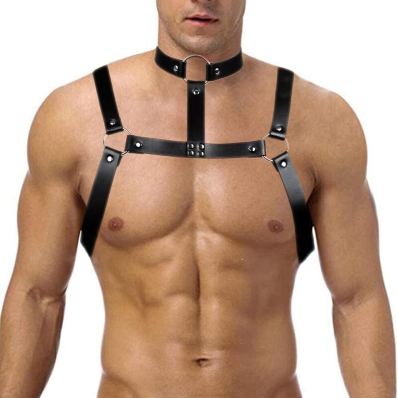 Men's Body Chest Harness Belt with Halter Collar Adjustable Buckles, PU Leather Gothic Chest Harness Bondage Strap with Choker, BDSM Cosplay Fetish Costume Bar Nightclub Clubwear Party Club Masquerade