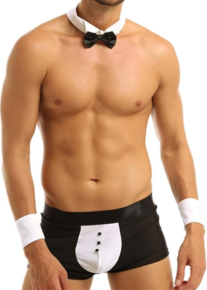 YiZYiF Men's 4 Pieces Sexy Bow Tie Collar Boxer Briefs Tuxedo Costume Outfits Set