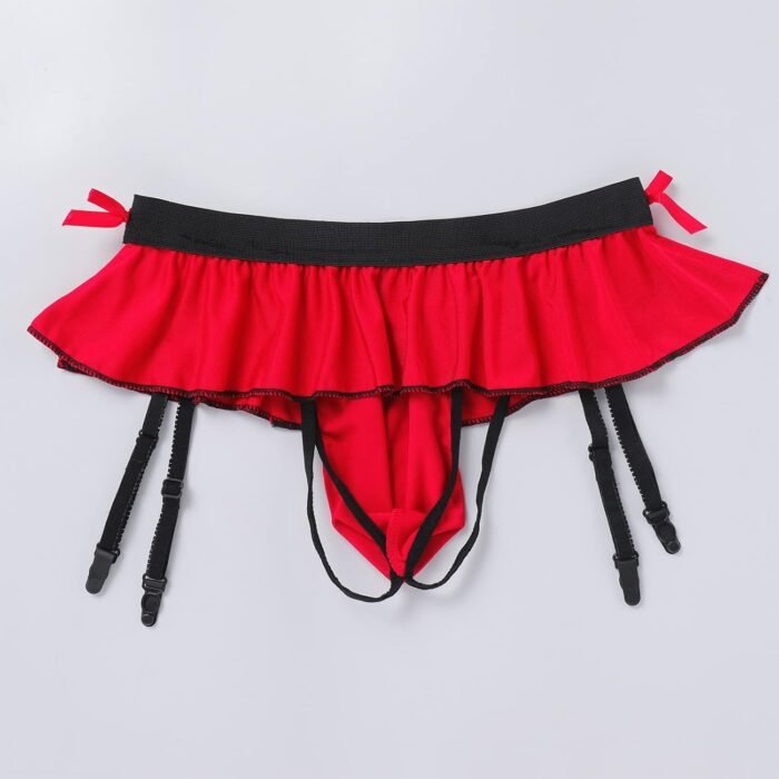 ABAFIP Men's Sissy Skirted Thong Panties Bowknot Low Rise G-string Bikini Briefs Underwear with 4 Gaters Belt - Image 5