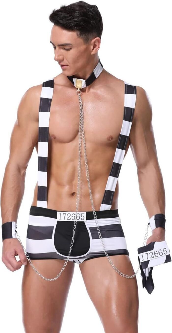 Mens Sexy Lingerie Set Role Play Prison-Inmates Striped Funny Uniform Nightclub Cosplay Costume Outfit - Image 2
