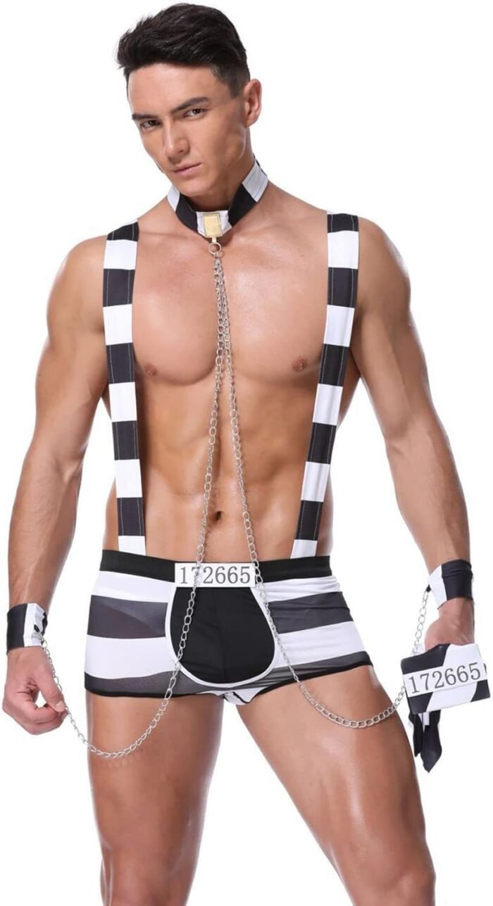 Mens Sexy Lingerie Set Role Play Prison-Inmates Striped Funny Uniform Nightclub Cosplay Costume Outfit - Image 5