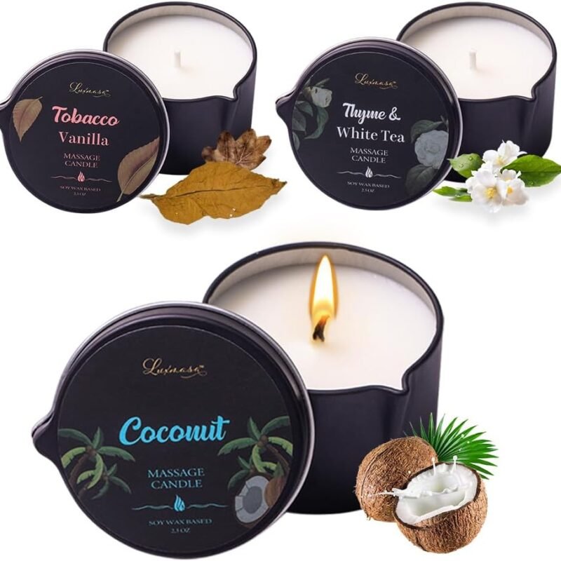 Massage Oil Candle 3 Pack,Coconut Oil Based-Daily Moisturizing Body Oil Relaxing-Natural Therapy Oil Scented Candle-6.9OZ (Coconut, Tobacco Vanilla, Thyme & White Tea)