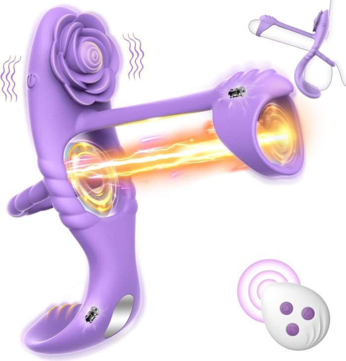 Vibrating Cock Ring Vibrator for Couples, Erection Penis Ring Sex Toys with Rose Clitoral Stimulator, Male Sex Toy with 10 Vibrations for Penis Testicles Stimulation, 4 in 1 Adult Toy for Men Women