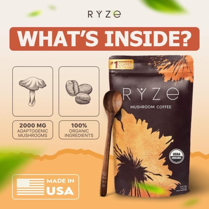 RYZE Mushroom Coffee | 6 Adaptogenic Mushrooms | USDA Organic | Instant Coffee | MCT Oil | USA Grown | Better Energy, Focus, Digestion, Immunity | Cordyceps, Lion’s Mane, Turkey Tail | 30 Servings - Image 5
