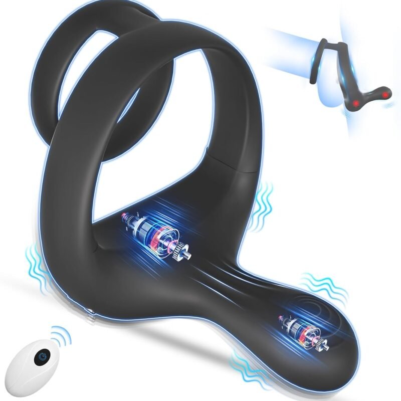 Vibrating Cock Ring Taint Stimulator, Silicone Pleasure Penis Ring Vibrator Couples Adult Sex Toys for Men, Dual Motors 9 Vibrations Remote Control Male Couple Sex Toy, Cock Rings Vibrators for Men
