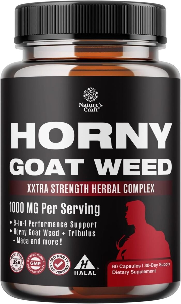 Horny Goat Weed for Men Enhancement - Extra Strength Male Enhancing Supplement with Black Maca Root, Tongkat Ali, Saw Palmetto & Panax Ginseng Extract for Stamina & Energy - 60 Capsules