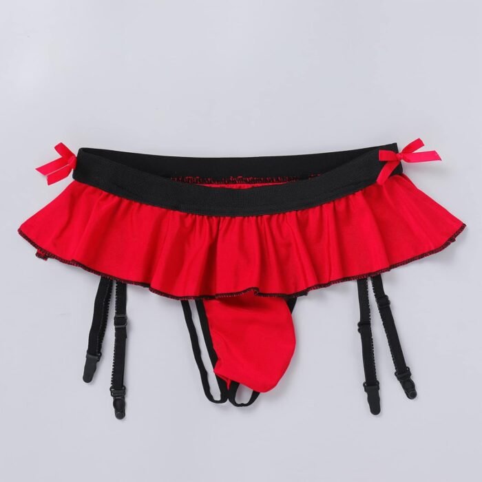 ABAFIP Men's Sissy Skirted Thong Panties Bowknot Low Rise G-string Bikini Briefs Underwear with 4 Gaters Belt - Image 6