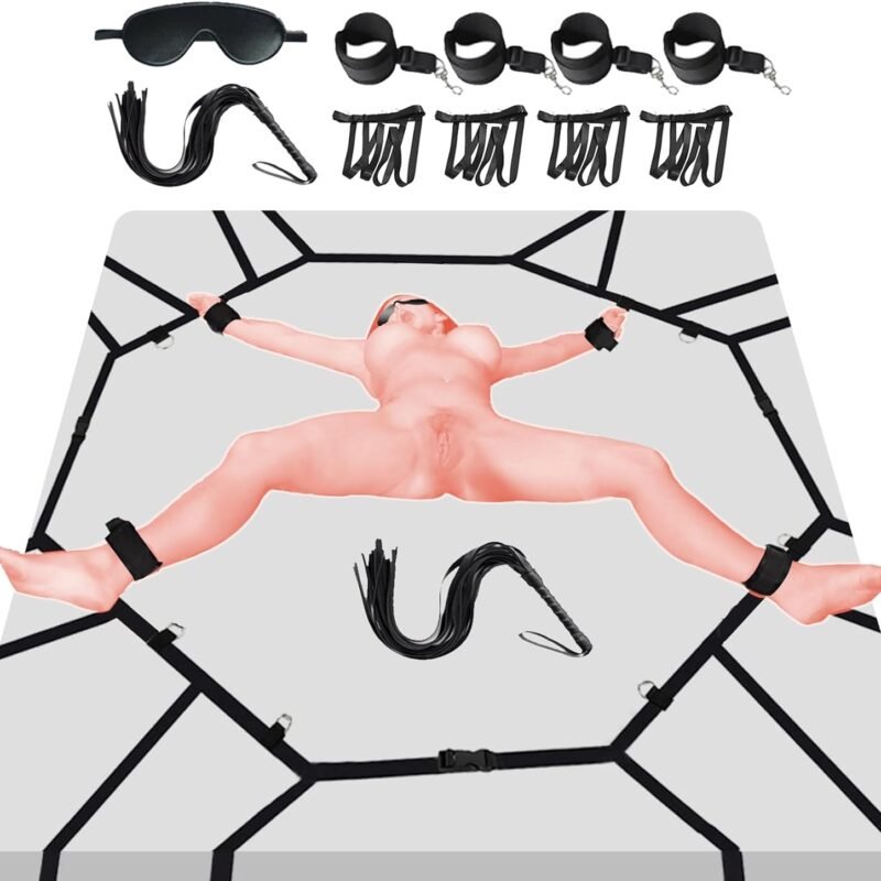 BDSM-Sex-Bondage-Kit Couples Bed Restraints Set,10 Pcs Adult Sex Toys with 4 Adjustable Wrist Thigh Cuffs,Whip,Eye Mask