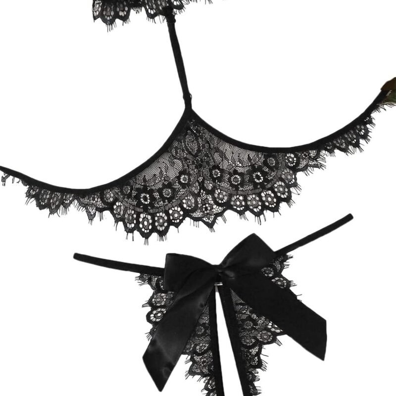 Lilosy Sexy Bow Choker Halter Floral Lace Sheer Lingerie Set for Women See Through Bra and Panty 2 Piece