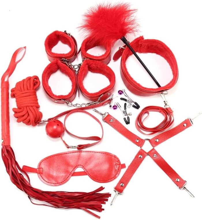 Sex Bondage BDSM Kit Restraints - Upgrade 10PCS Sets with Adjustable Handcuffs Collar Ankle Cuff Blindfold Feather Tickler Adult Games Sex Toys for Men Women and Couples Foreplay (Red)