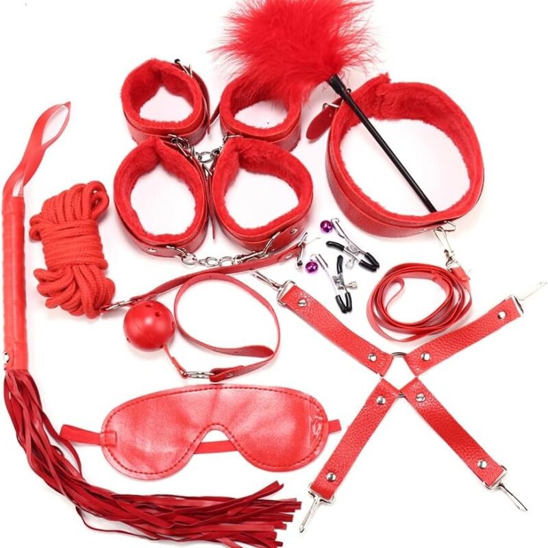 Sex Bondage BDSM Kit Restraints - Upgrade 10PCS Sets with Adjustable Handcuffs Collar Ankle Cuff Blindfold Feather Tickler Adult Games Sex Toys for Men Women and Couples Foreplay (Red)
